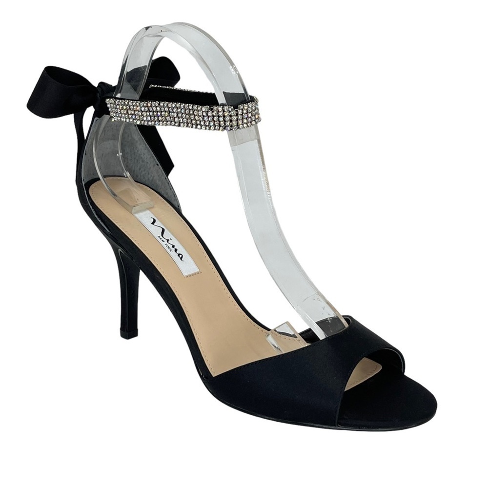 Nina Vinnie Black Satin Womens Heels 10M Rhinestone Ankle Strap
